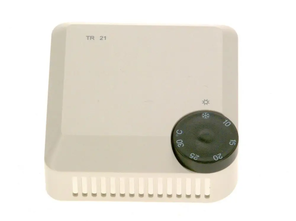 Weißer Thermostat mit temperaturregelbarem Drehknopf und Belüftungsschlitzen, hergestellt von Bosch.